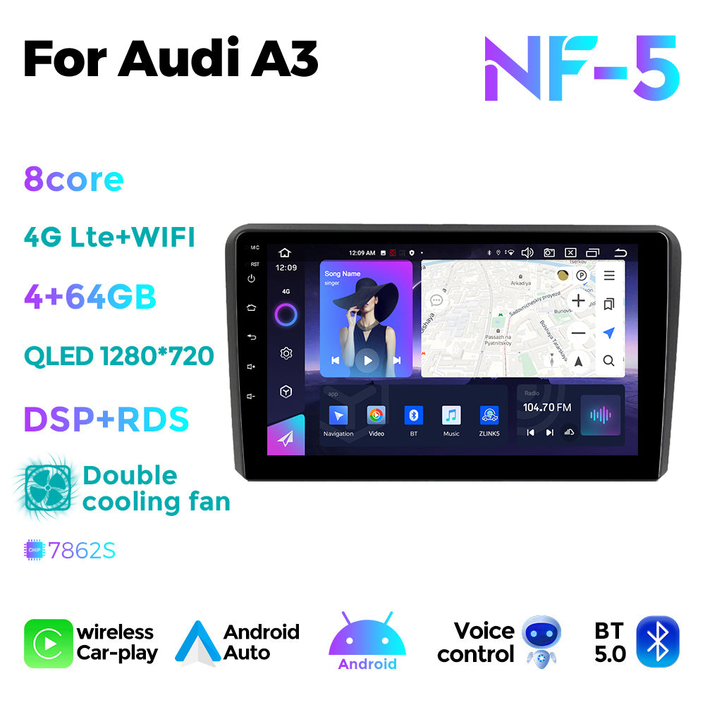 NaviFly NF Series Android 14 8G+256G 2K QLED screen CarPlay Auto DSP RDS 4GLte WIFI For Audi A3 9inch