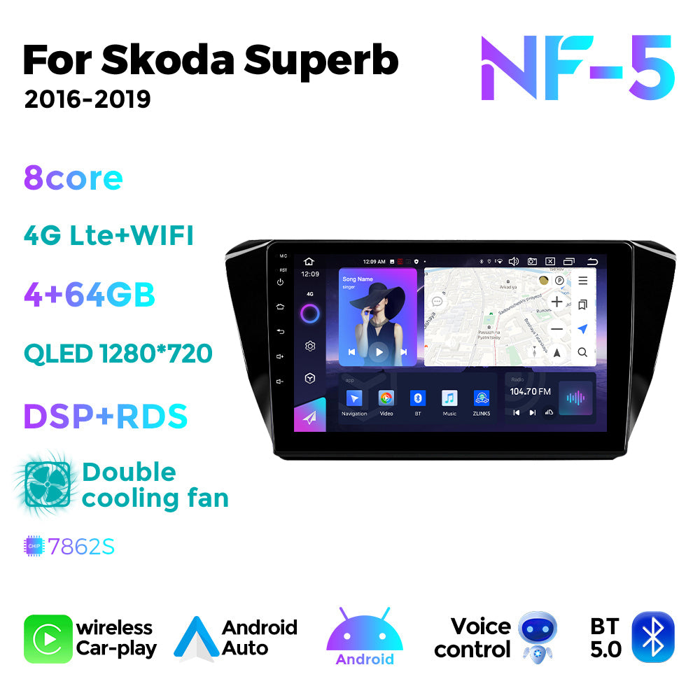 NaviFly NF Series Android 14 8G+256G 2K QLED screen CarPlay Auto DSP RDS 4GLte WIFI For Skoda Superb 2016-2019 10inch