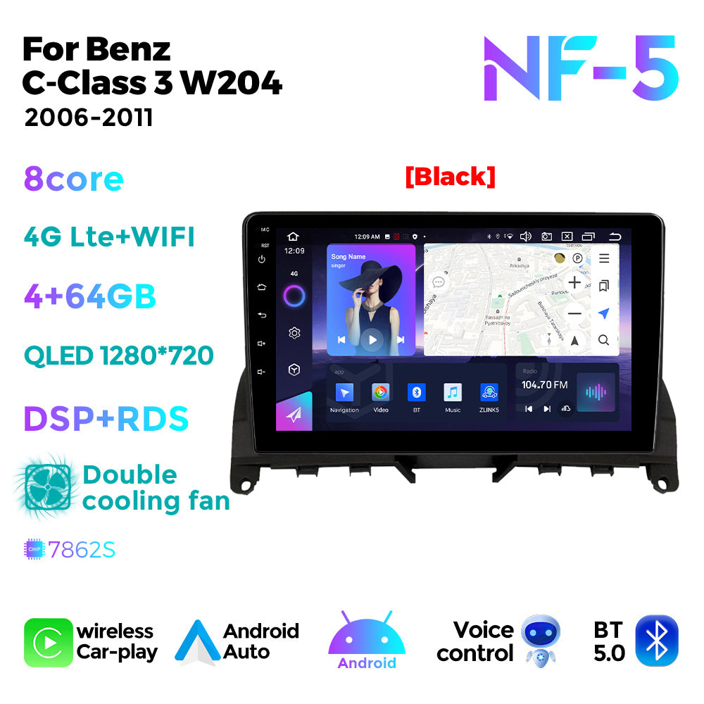 NaviFly NF Series Android 14 8G+256G 2K QLED screen CarPlay Auto DSP RDS 4GLte WIFI For Mercedes Benz C-Class 3 W204 2006-2011 9.5Inch