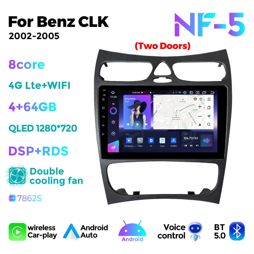 NaviFly NF Series Android 14 8G+256G 2K QLED screen CarPlay Auto DSP RDS 4GLte WIFI For Benz CLK 2002-2005 9inch