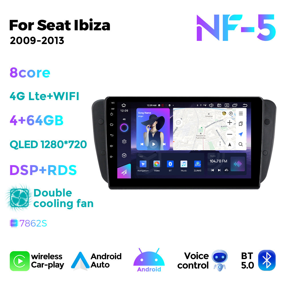 NaviFly NF Series Android 14 8G+256G 2K QLED screen CarPlay Auto DSP RDS 4GLte WIFI For Seat Ibiza 2009-2013 9inch