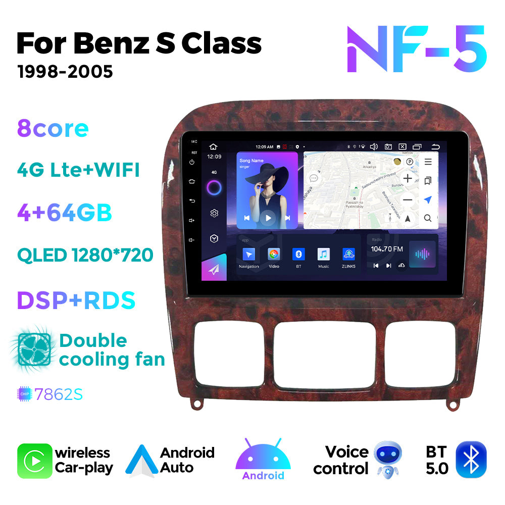 NaviFly NF Series Android 14 8G+256G 2K QLED screen CarPlay Auto DSP RDS 4GLte WIFI For Mercedes Benz S Class 1998-2005 9.5Inch