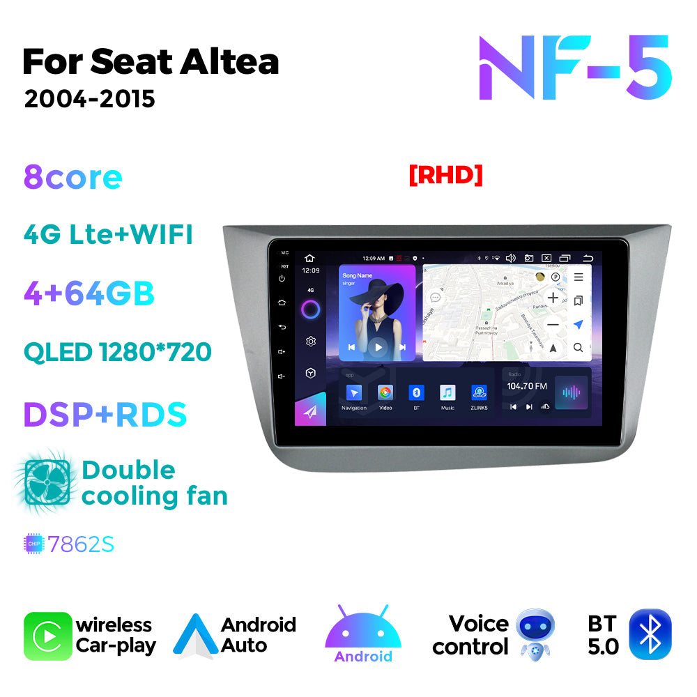 NaviFly NF Series Android 14 8G+256G 2K QLED screen CarPlay Auto DSP RDS 4GLte WIFI For Seat Altea 2004-2015 9inch