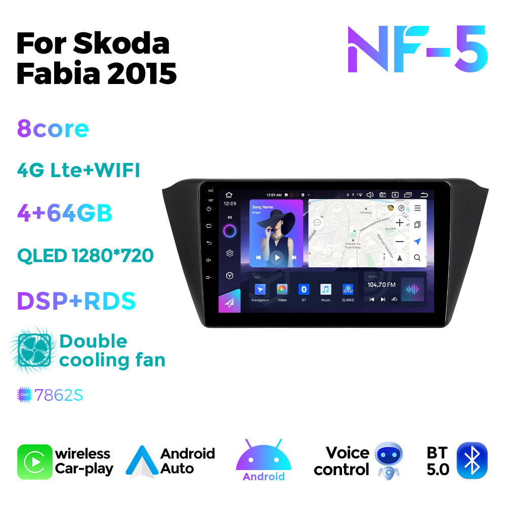 NaviFly NF Series Android 14 8G+256G 2K QLED screen CarPlay Auto DSP RDS 4GLte WIFI For Skoda Fabia 2015 10inch