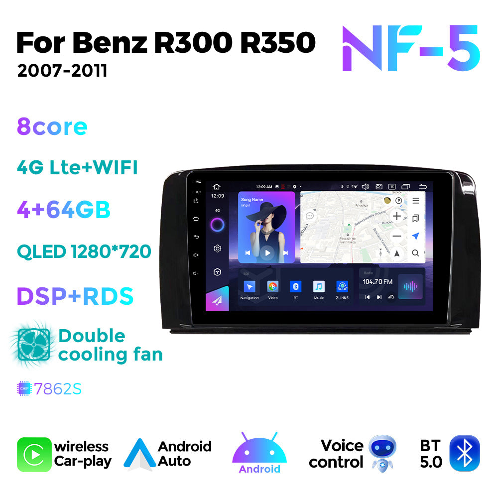 NaviFly NF Series Android 14 8G+256G 2K QLED screen CarPlay Auto DSP RDS 4GLte WIFI For Mercedes Benz R300 R350 2007-2011 9.5Inch