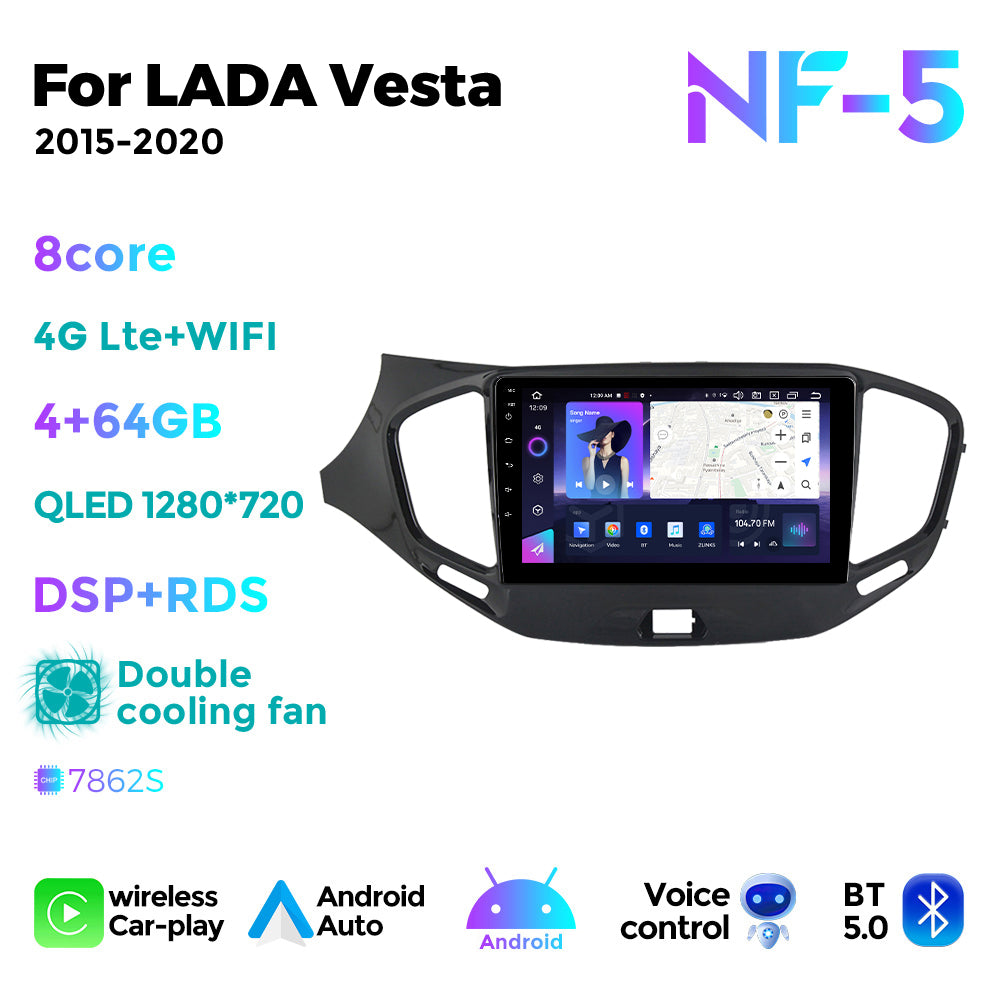 NaviFly NF Series Android 14 8G+256G 2K QLED screen CarPlay Auto DSP RDS 4GLte WIFI For LADA Vesta 2015-2020 9inch