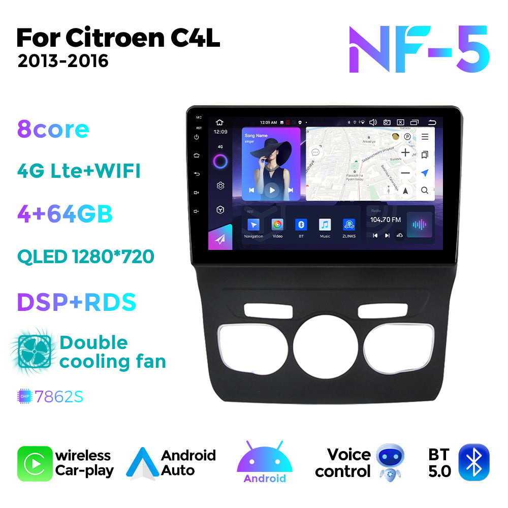 NaviFly NF Series Android 14 8G+256G 2K QLED screen CarPlay Auto DSP RDS 4GLte WIFI For Citroen C4L 2013-2016 10inch