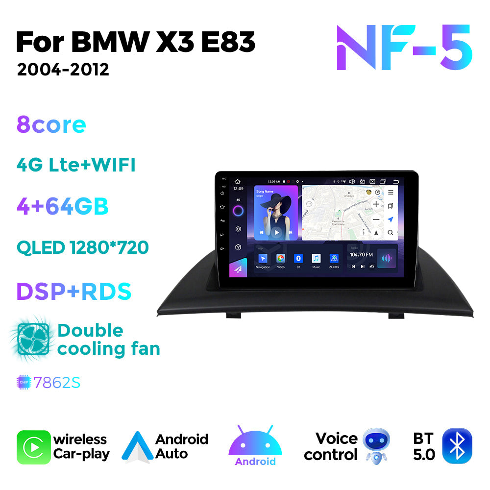 NaviFly NF Series Android 14 8G+256G 2K QLED screen CarPlay Auto DSP RDS 4GLte WIFI For BMW X3 E83 2004-2012 9inch