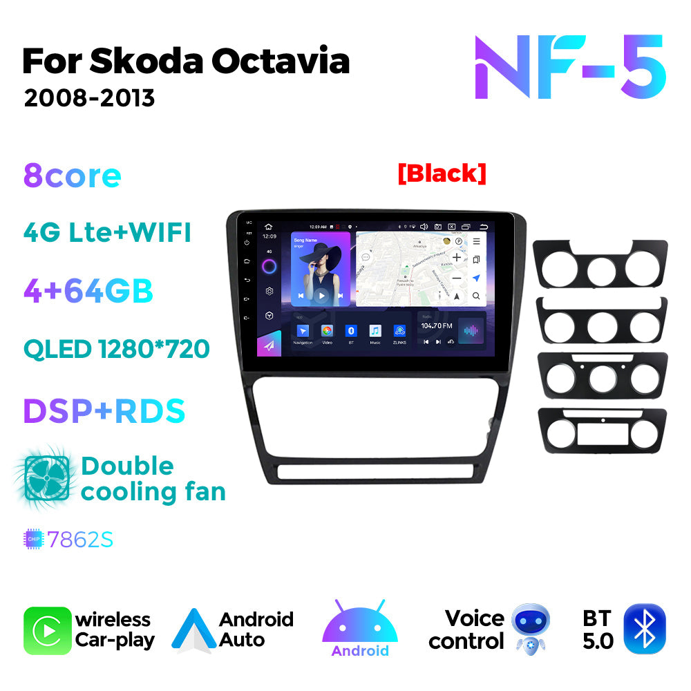 NaviFly NF Series Android 14 8G+256G 2K QLED screen CarPlay Auto DSP RDS 4GLte WIFI For Skoda Octavia 2008-2013 10inch Silver Black