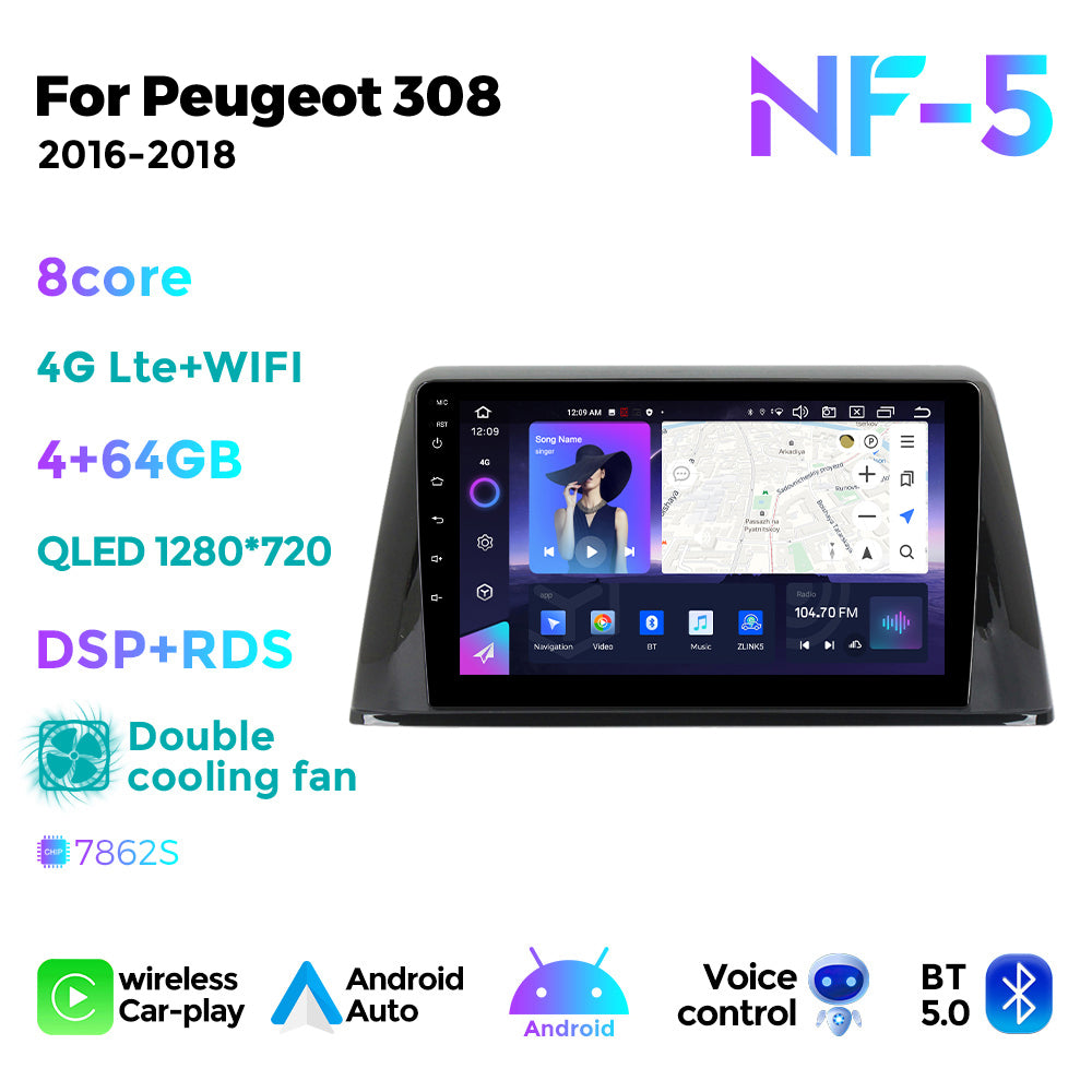 NaviFly NF Series Android 14 8G+256G 2K QLED screen CarPlay Auto DSP RDS 4GLte WIFI For Peugeot 308 2016-2018 9inch