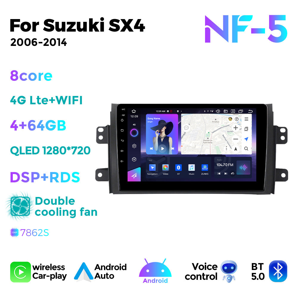 NaviFly NF Series Android 14 8G+256G 2K QLED screen CarPlay Auto DSP RDS 4GLte WIFI For Suzuki SX4 2006-2014 9inch