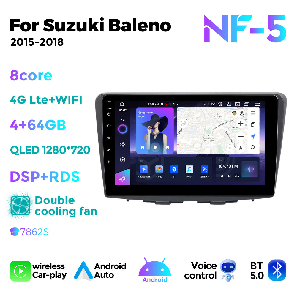 NaviFly NF Series Android 14 8G+256G 2K QLED screen CarPlay Auto DSP RDS 4GLte WIFI For Suzuki Baleno 2015-2018 9inch