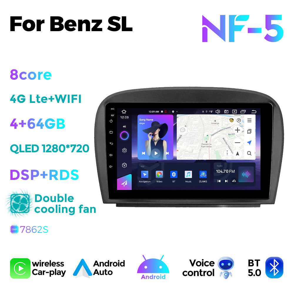 NaviFly NF Series Android 14 8G+256G 2K QLED screen CarPlay Auto DSP RDS 4GLte WIFI For Mercedes Benz SL 2001-2007 9.5Inch