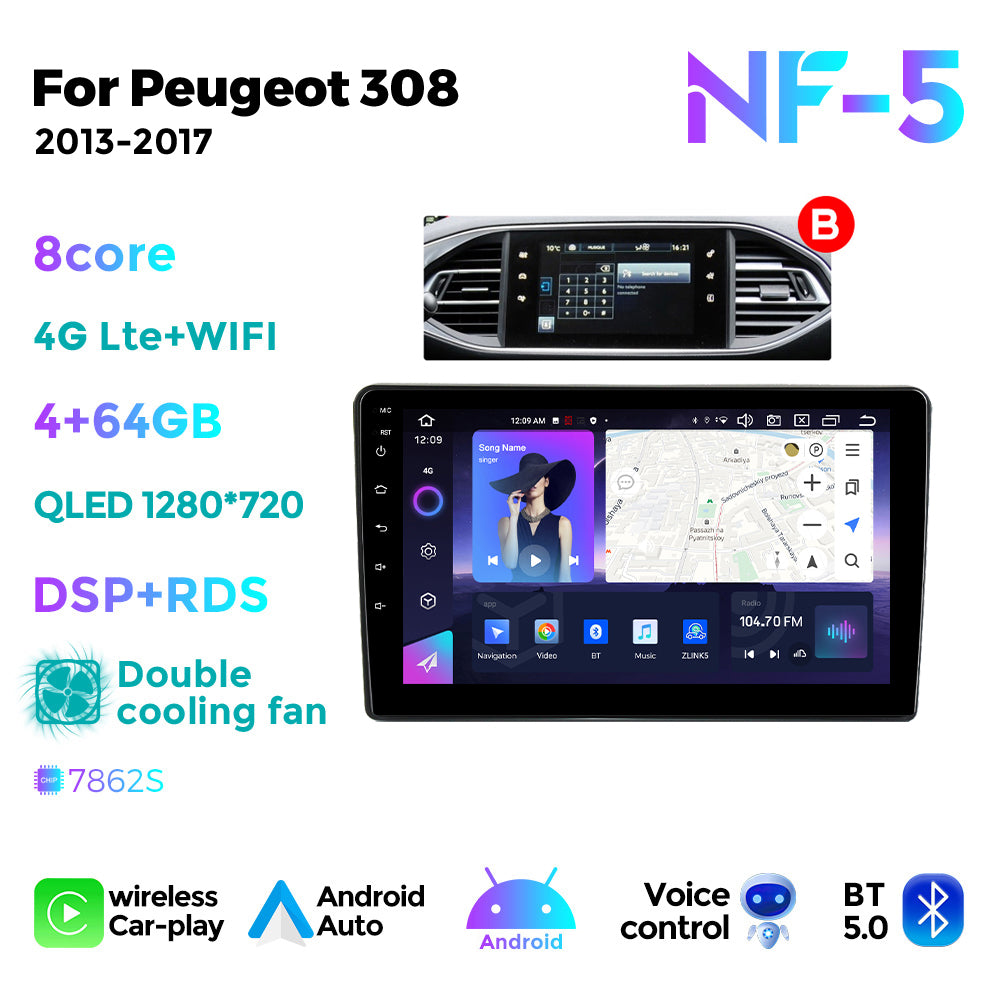 NaviFly NF Series Android 14 8G+256G 2K QLED screen CarPlay Auto DSP RDS 4GLte WIFI For Peugeot 308 2013-2017-AB 9inch
