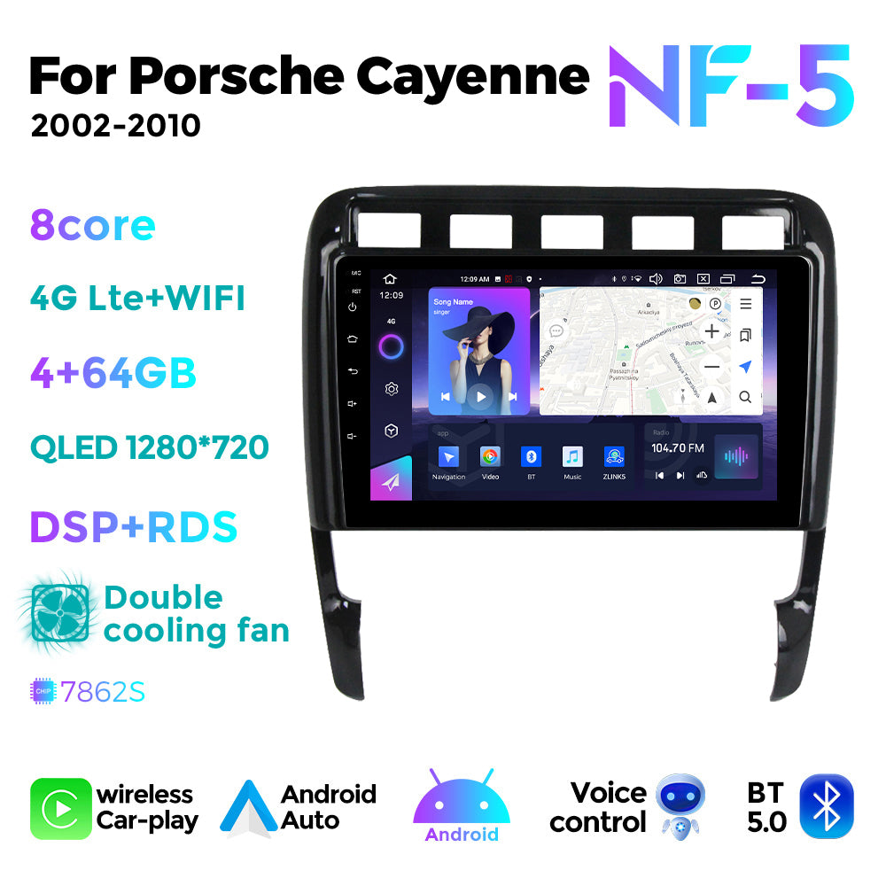 NaviFly NF Series Android 14 8G+256G 2K QLED screen CarPlay Auto DSP RDS 4GLte WIFI For Porsche Cayenne 2002-2010 9inch