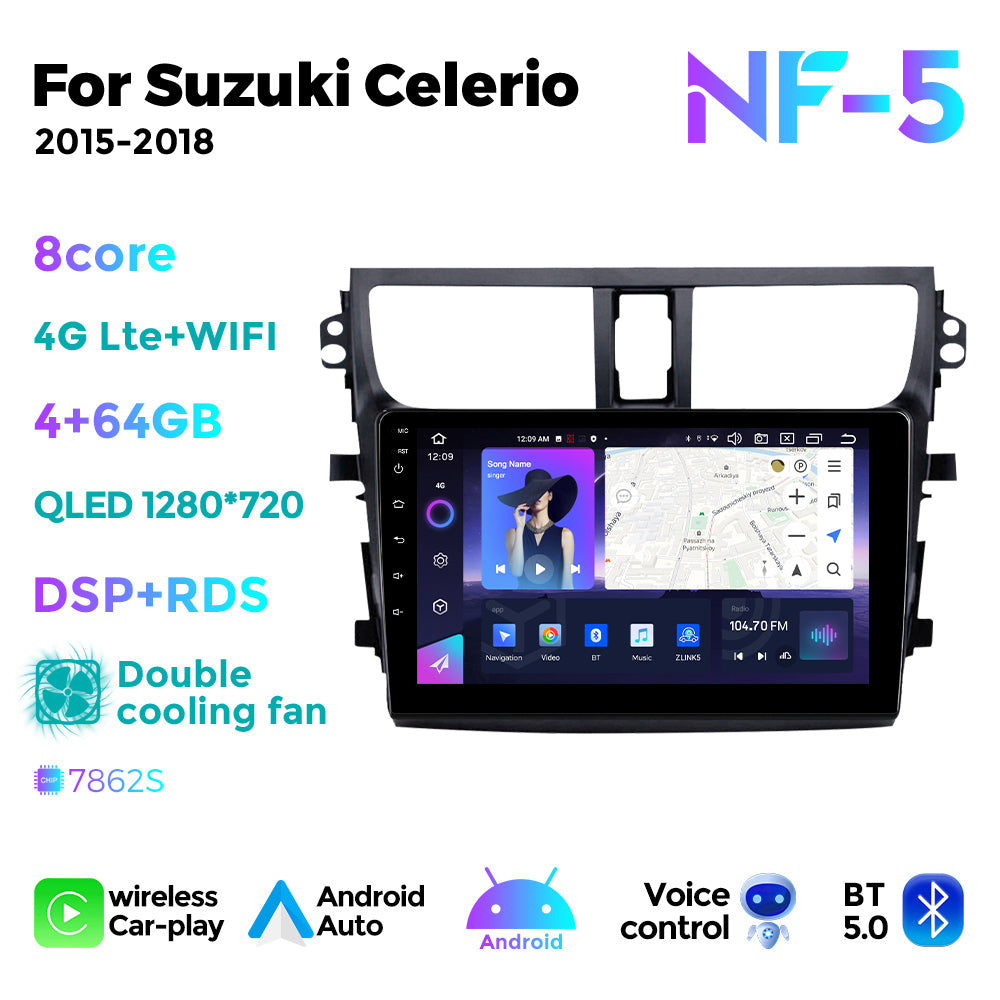 NaviFly NF Series Android 14 8G+256G 2K QLED screen CarPlay Auto DSP RDS 4GLte WIFI For Suzuki Celerio 2015-2018 9inch
