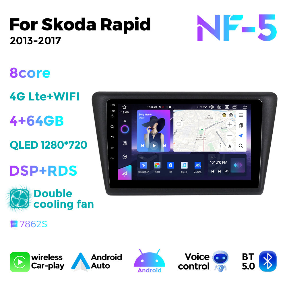 NaviFly NF Series Android 14 8G+256G 2K QLED screen CarPlay Auto DSP RDS 4GLte WIFI For Skoda Rapid 2013-2017 9inch
