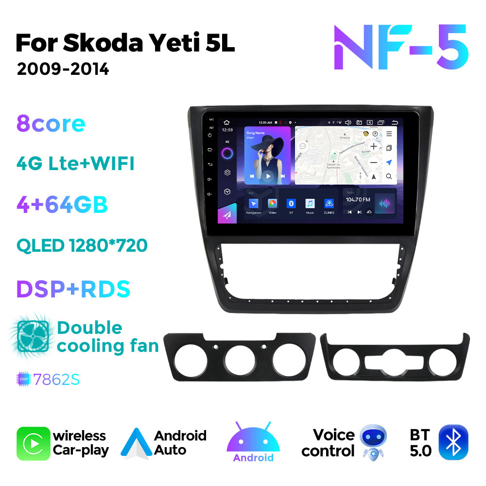 NaviFly NF Series Android 14 8G+256G 2K QLED screen CarPlay Auto DSP RDS 4GLte WIFI For Skoda Yeti 5L 2009-2014 10inch