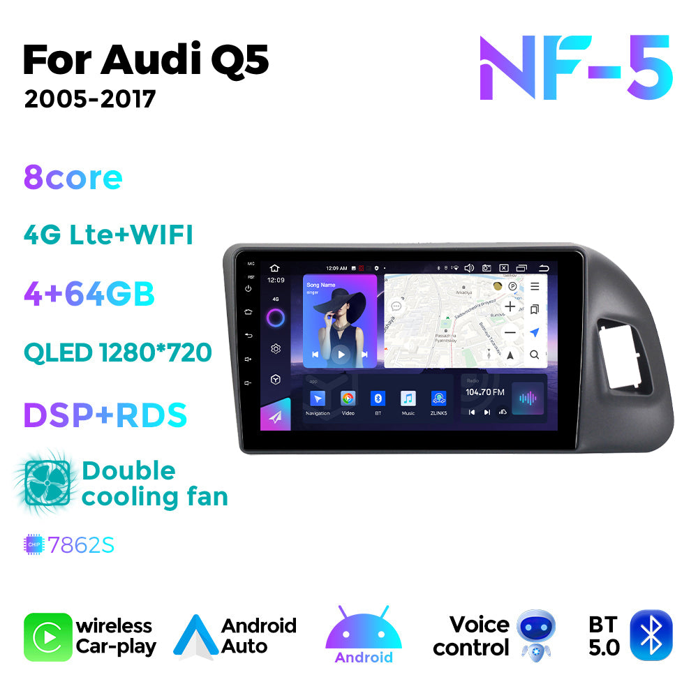 NaviFly NF Series Android 14 8G+256G 2K QLED screen CarPlay Auto DSP RDS 4GLte WIFI For Audi Q5 2005-2017 9inch