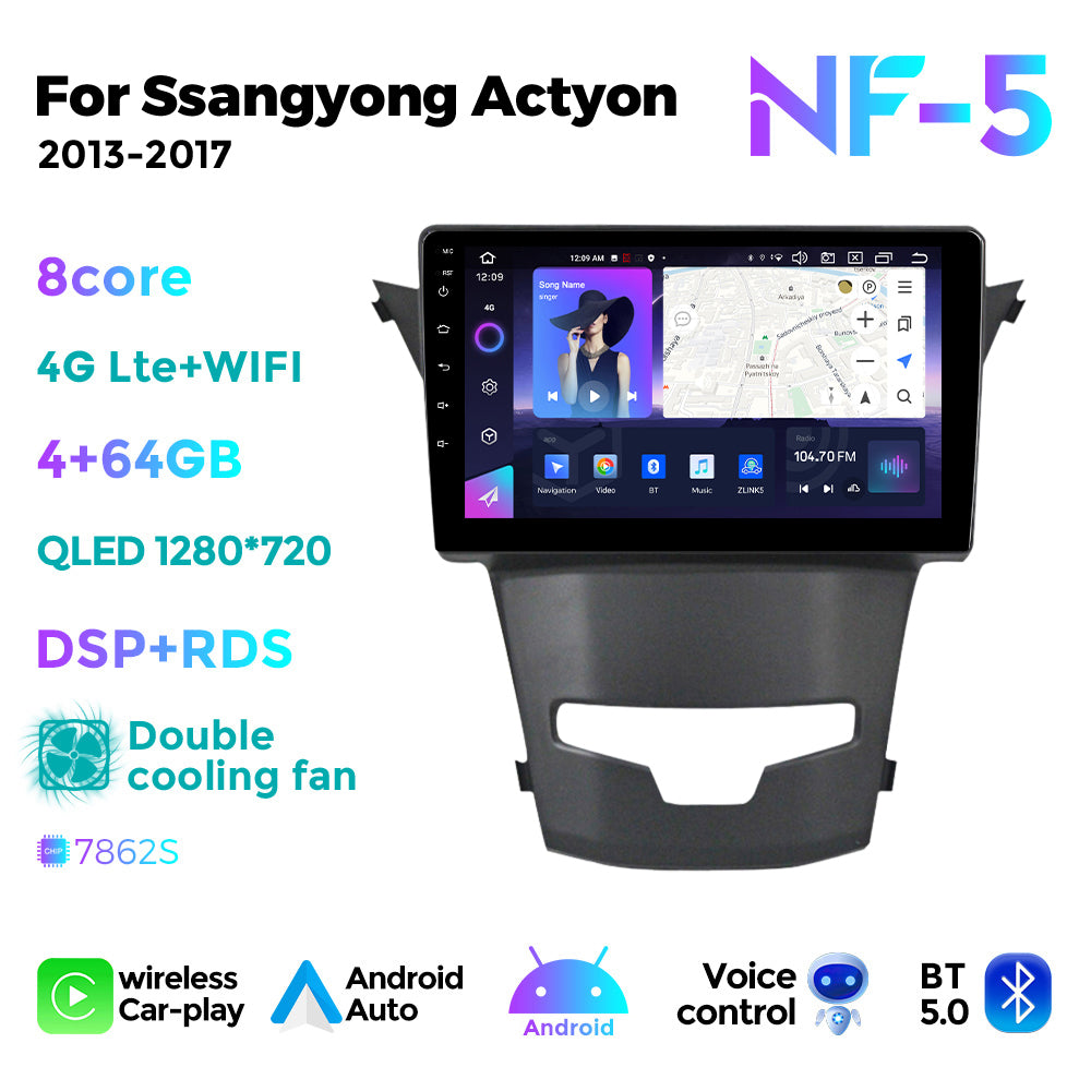 NaviFly NF Series Android 14 8G+256G 2K QLED screen CarPlay Auto DSP RDS 4GLte WIFI For Ssangyong Actyon 2013-2017 9inch
