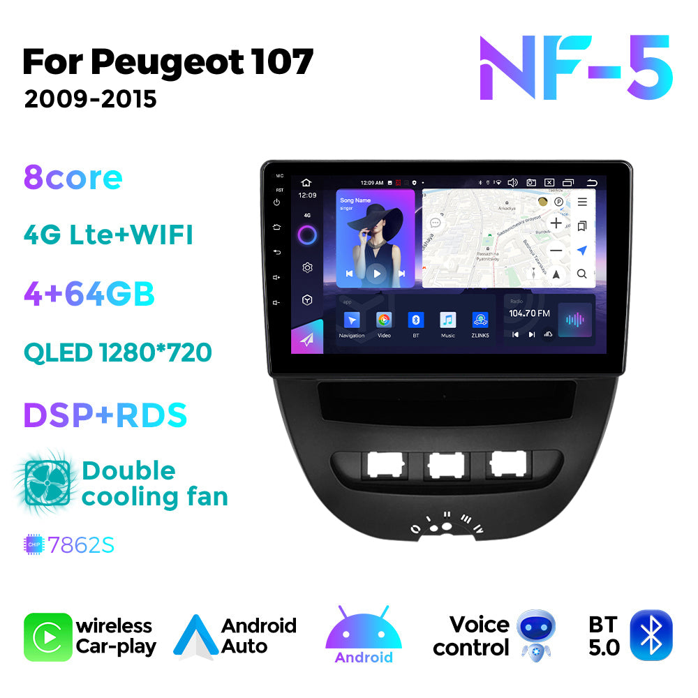 NaviFly NF Series Android 14 8G+256G 2K QLED screen CarPlay Auto DSP RDS 4GLte WIFI For Peugeot 107 2009-2015 10inch