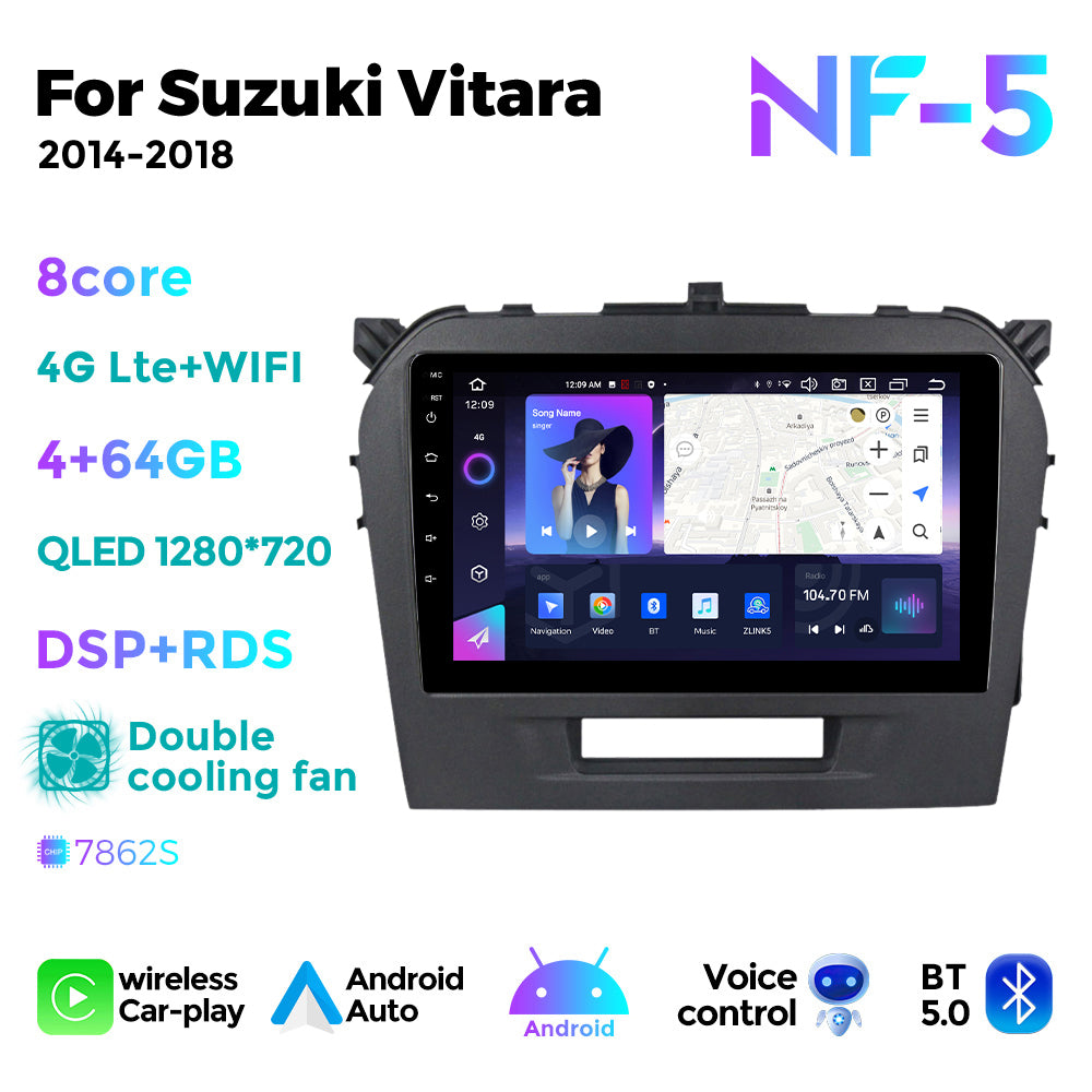 NaviFly NF Series Android 14 8G+256G 2K QLED screen CarPlay Auto DSP RDS 4GLte WIFI For Suzuki Vitara 2014-2018 9inch