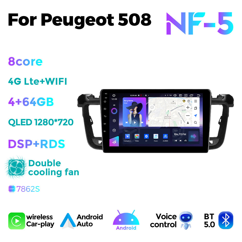 NaviFly NF Series Android 14 8G+256G 2K QLED screen CarPlay Auto DSP RDS 4GLte WIFI For Peugeot 508 9inch