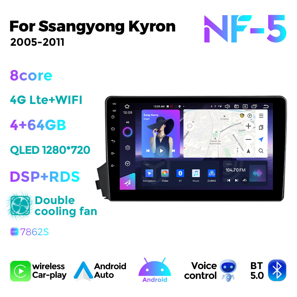 NaviFly NF Series Android 14 8G+256G 2K QLED screen CarPlay Auto DSP RDS 4GLte WIFI For Ssangyong Kyron 2005-2011 9inch