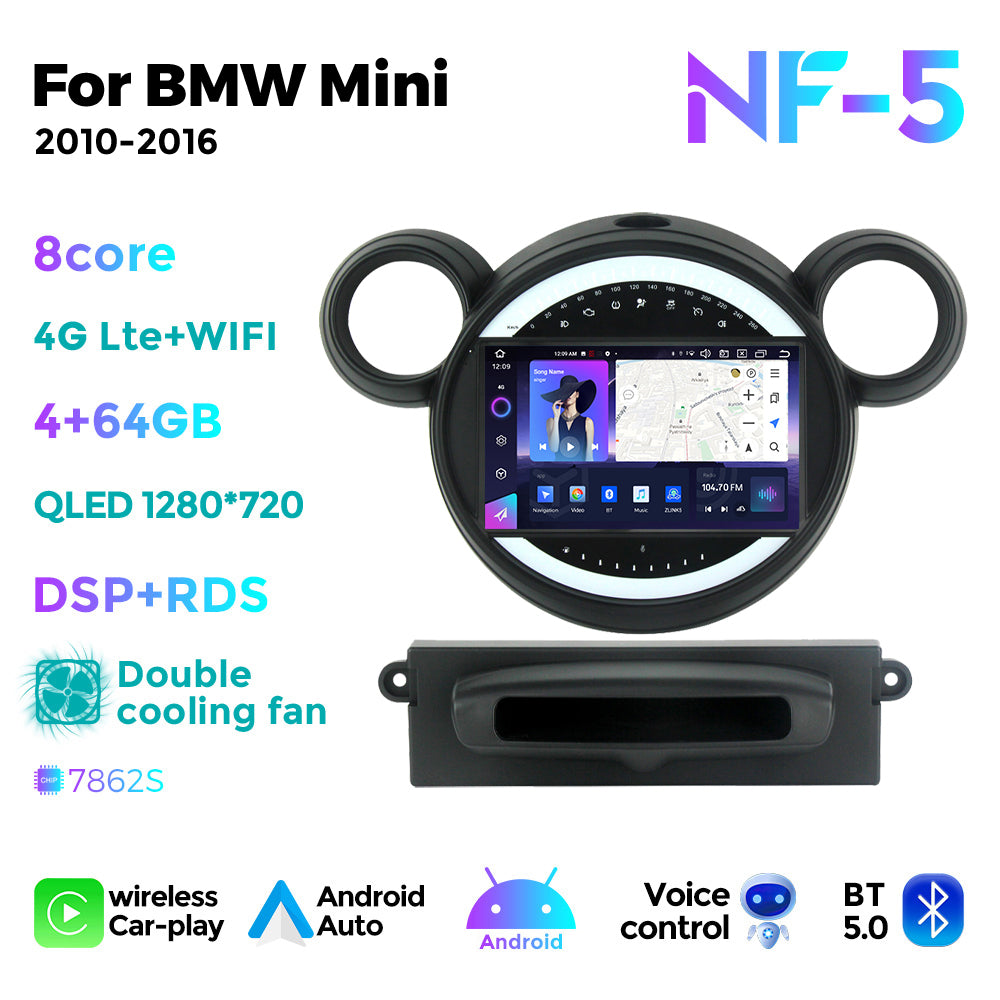 NaviFly NF Series Android 14 8G+256G 2K QLED screen CarPlay Auto DSP RDS 4GLte WIFI For BMW Mini 2010-2016 9inch