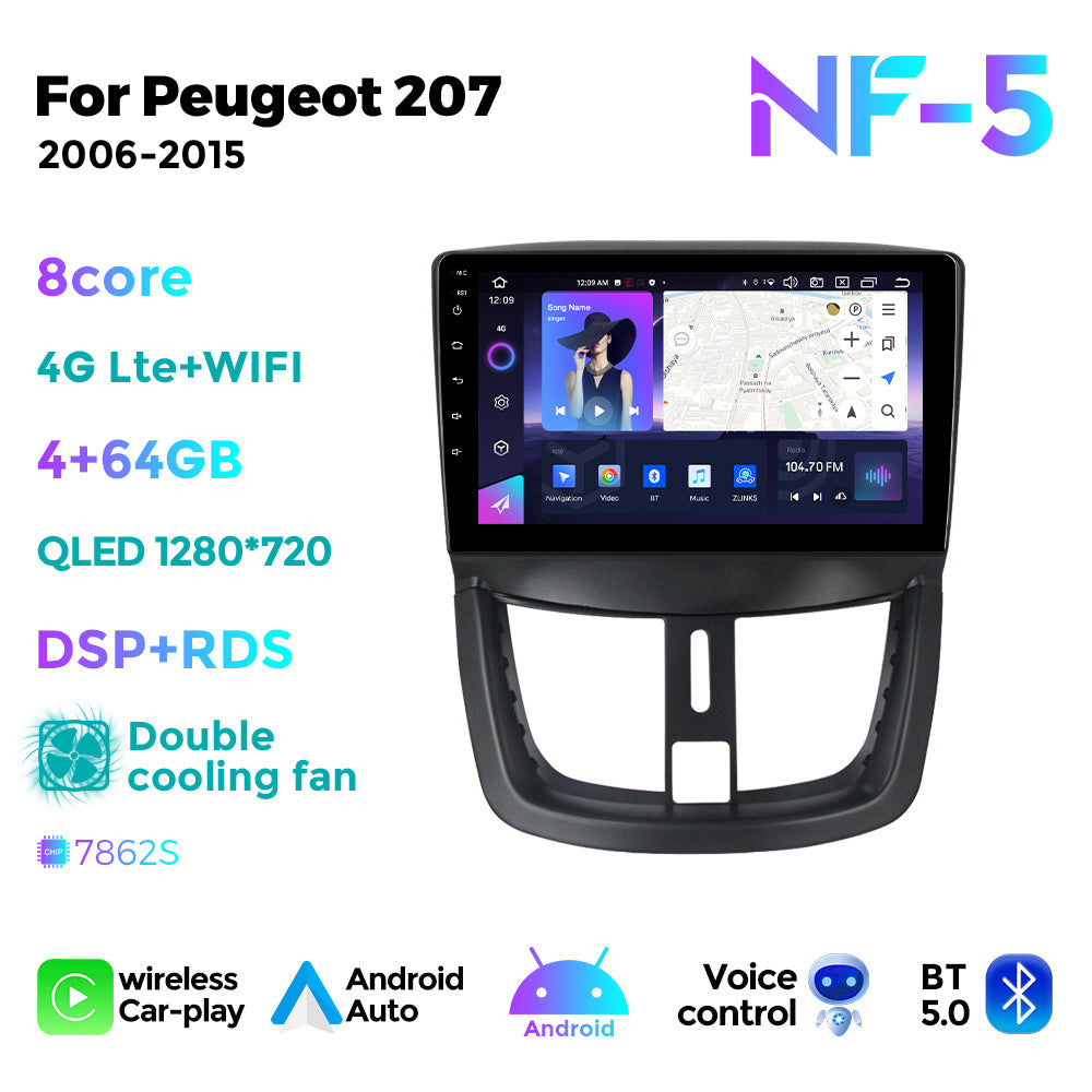 NaviFly NF Series Android 14 8G+256G 2K QLED screen CarPlay Auto DSP RDS 4GLte WIFI For Peugeot 207 2006-2015 9inch