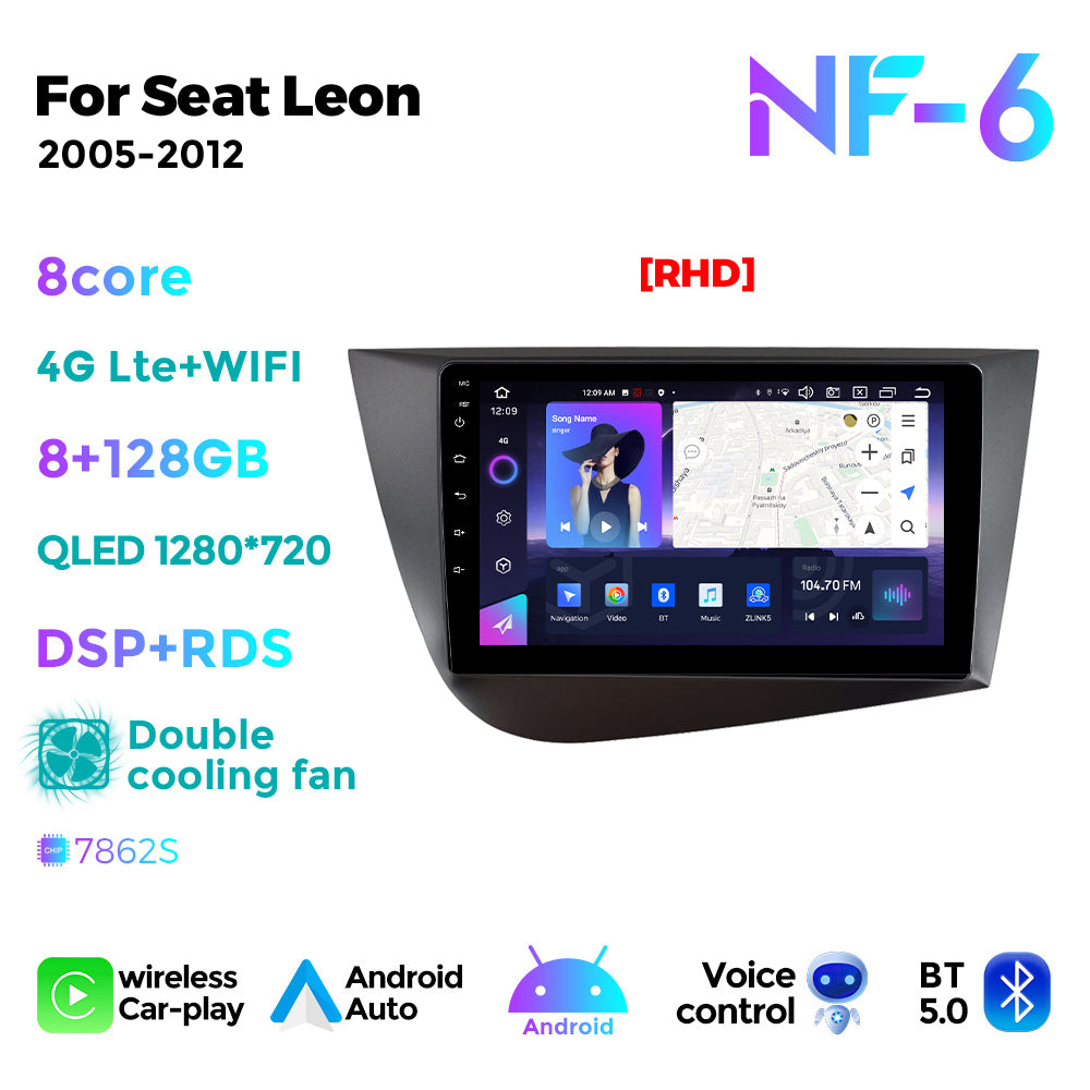 NaviFly NF Series Android 14 8G+256G 2K QLED screen CarPlay Auto DSP RDS 4GLte WIFI For Seat Leon 2005-2012 9inch