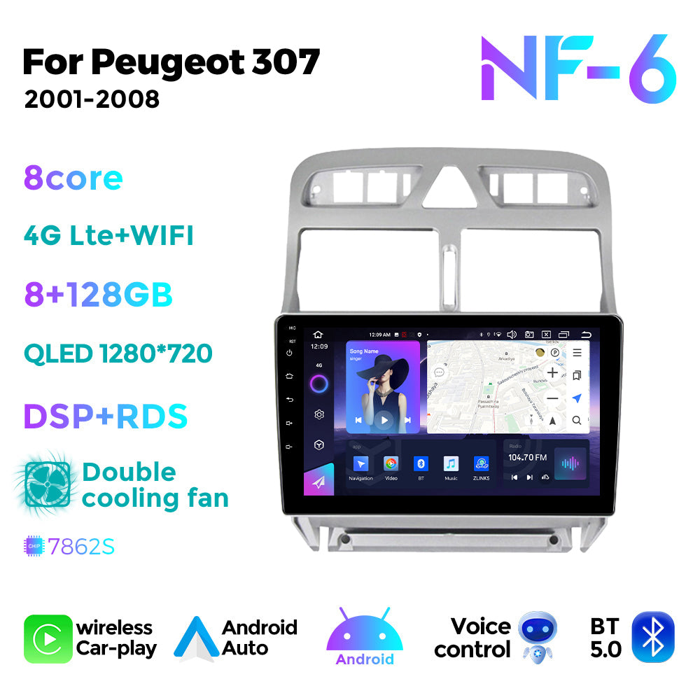 NaviFly NF Series Android 14 8G+256G 2K QLED screen CarPlay Auto DSP RDS 4GLte WIFI For Peugeot 307 2001-2008 9inch