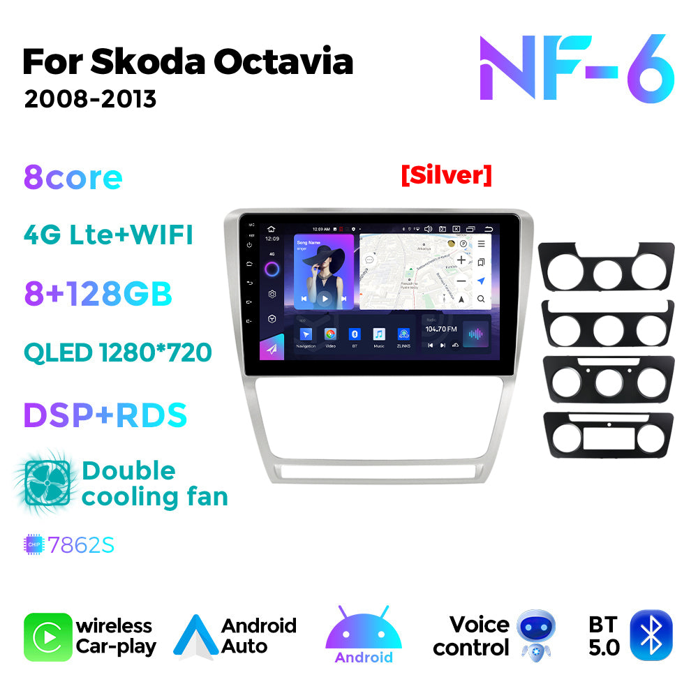 NaviFly NF Series Android 14 8G+256G 2K QLED screen CarPlay Auto DSP RDS 4GLte WIFI For Skoda Octavia 2008-2013 10inch Silver Black