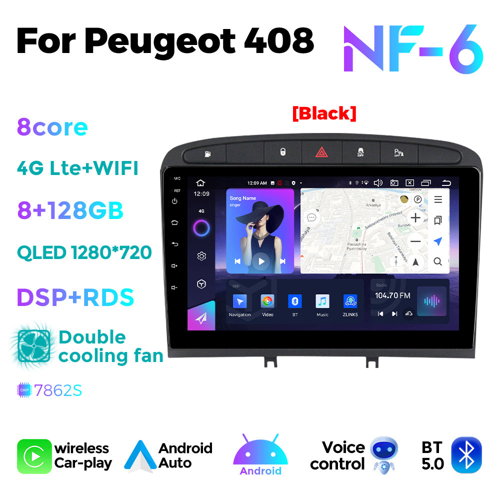 NaviFly NF Series Android 14 8G+256G 2K QLED screen CarPlay Auto DSP RDS 4GLte WIFI For Peugeot 408 9inch Gray Black