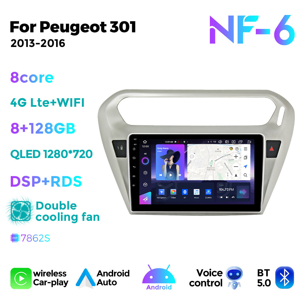 NaviFly NF Series Android 14 8G+256G 2K QLED screen CarPlay Auto DSP RDS 4GLte WIFI For Peugeot 301 2013-2016 9inch