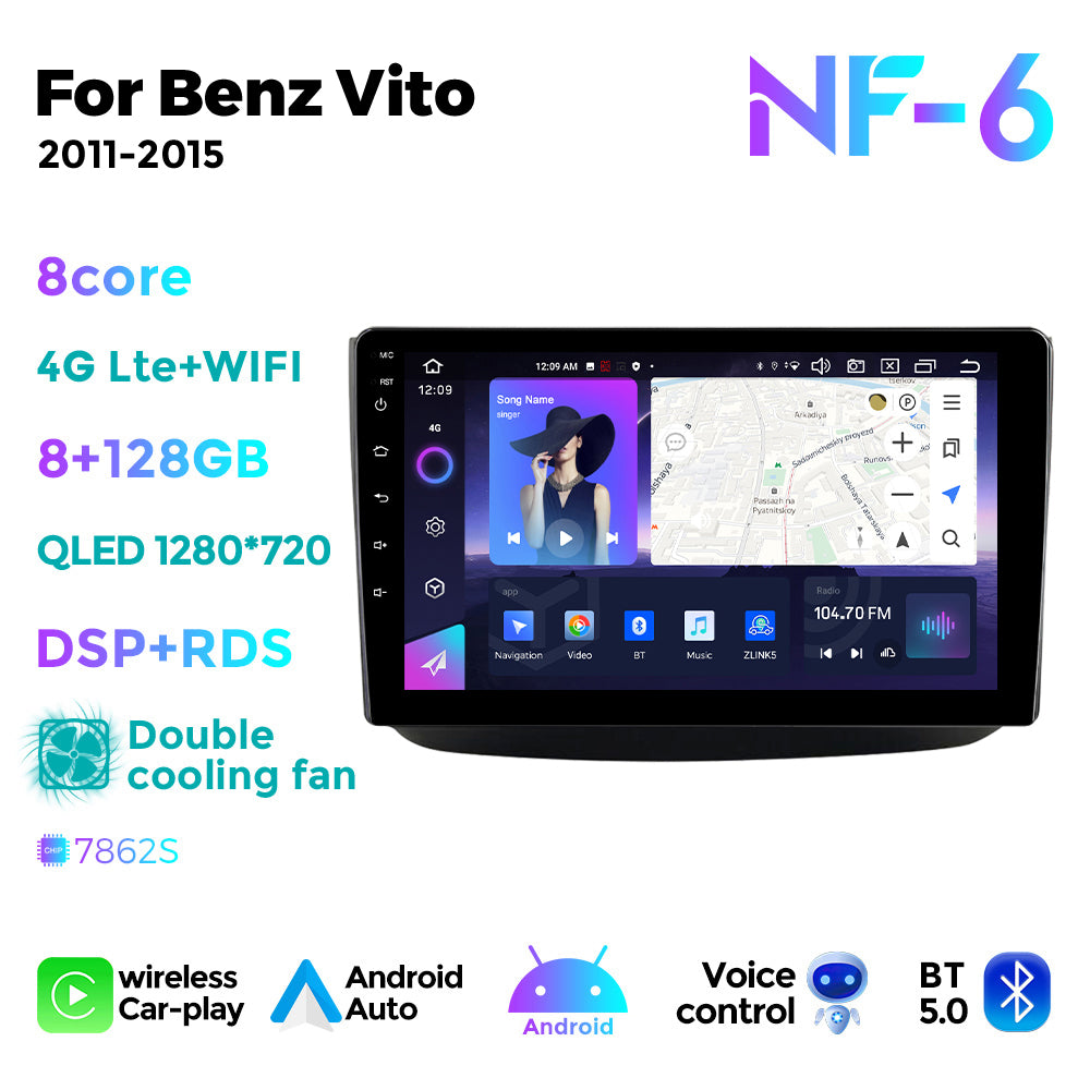 NaviFly NF Series Android 14 8G+256G 2K QLED screen CarPlay Auto DSP RDS 4GLte WIFI For Benz Vito 2011-2015 10.36inch