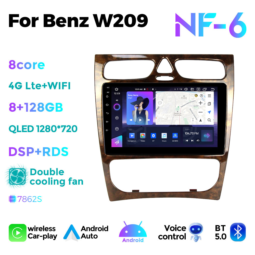 NaviFly NF Series Android 14 8G+256G 2K QLED screen CarPlay Auto DSP RDS 4GLte WIFI For Benz W209 9inch