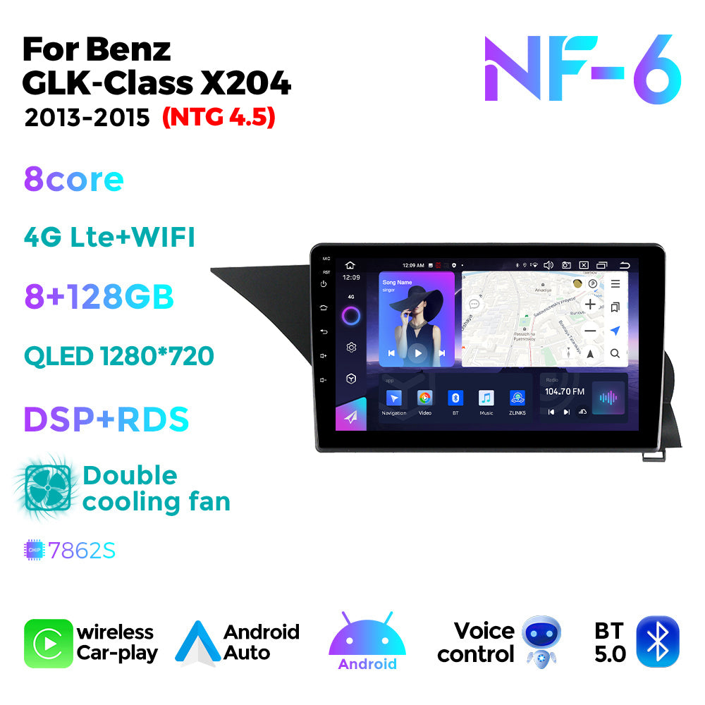NaviFly NF Series Android 14 8G+256G 2K QLED screen CarPlay Auto DSP RDS 4GLte WIFI For Mercedes Benz GLK-Class X204 2013-2015(NTG 4.5) 9.5Inch