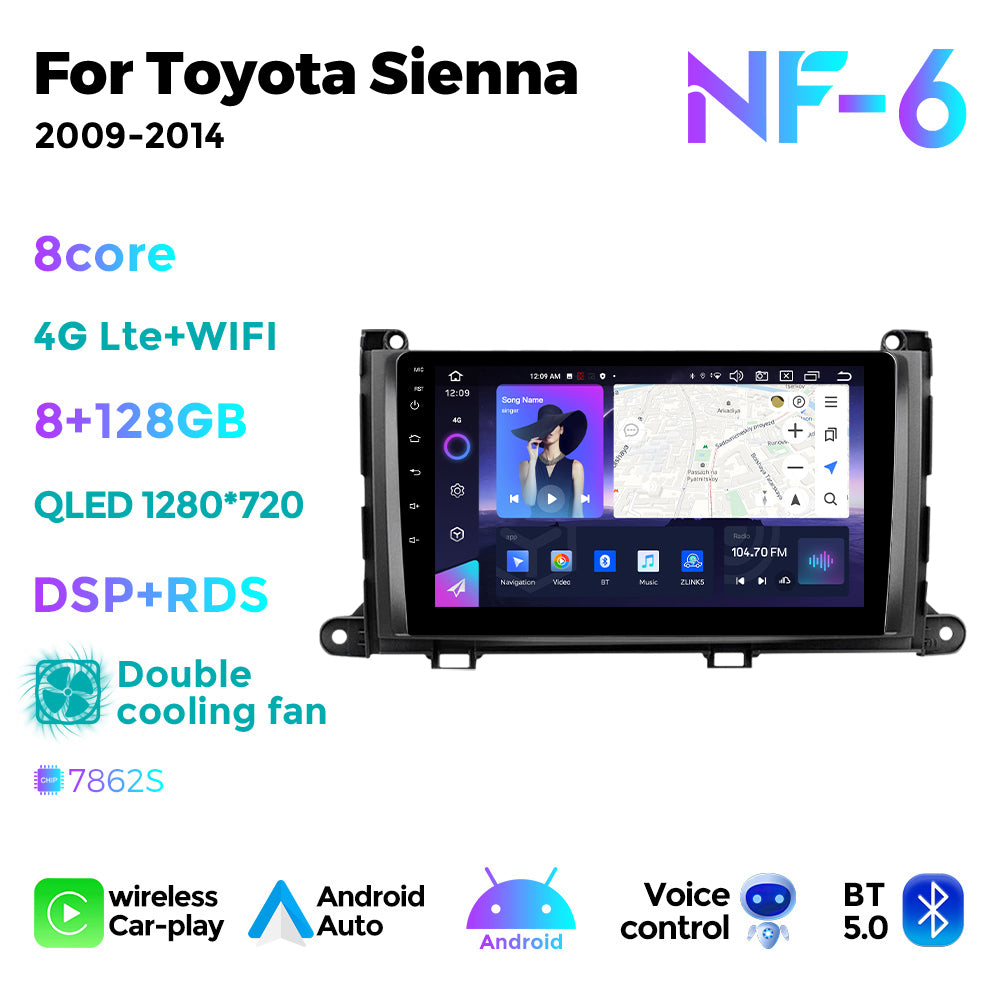 NaviFly NF Series Android 14 8G+256G 2K QLED screen CarPlay Auto DSP RDS 4GLte WIFI For Toyota Sienna 2009-2014 9inch