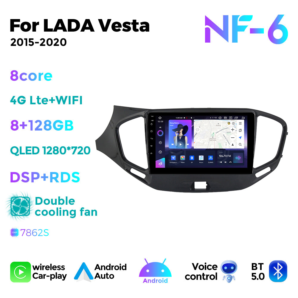 NaviFly NF Series Android 14 8G+256G 2K QLED screen CarPlay Auto DSP RDS 4GLte WIFI For LADA Vesta 2015-2020 9inch