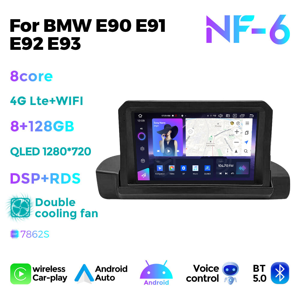 NaviFly NF Series Android 14 8G+256G 2K QLED screen CarPlay Auto DSP RDS 4GLte WIFI For BMW E90 E91 E92 E93 9inch