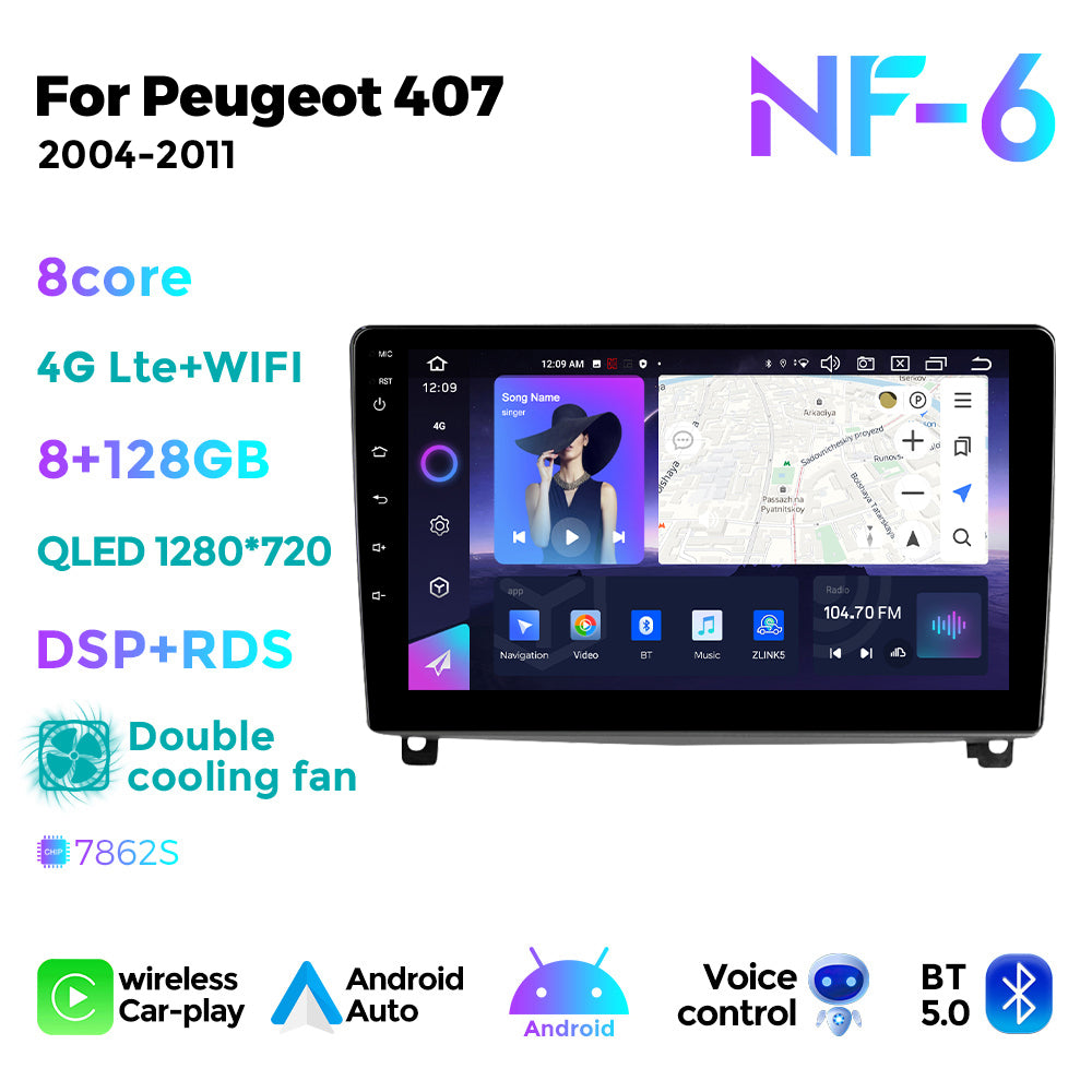 NaviFly NF Series Android 14 8G+256G 2K QLED screen CarPlay Auto DSP RDS 4GLte WIFI For Peugeot 407 2004-2011 9inch