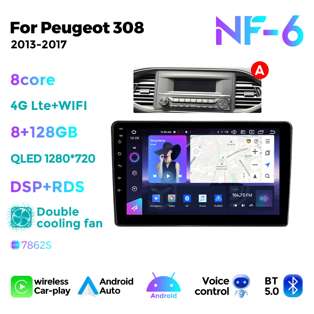 NaviFly NF Series Android 14 8G+256G 2K QLED screen CarPlay Auto DSP RDS 4GLte WIFI For Peugeot 308 2013-2017-AB 9inch