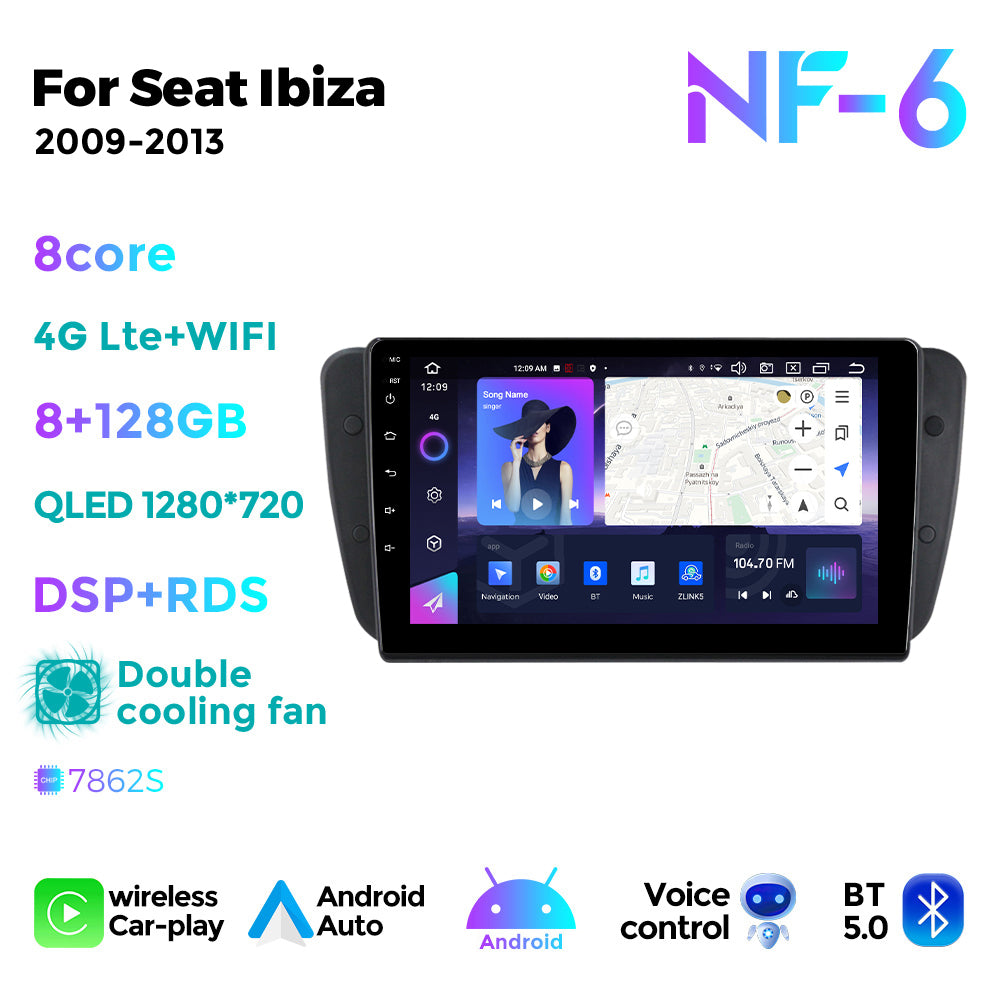 NaviFly NF Series Android 14 8G+256G 2K QLED screen CarPlay Auto DSP RDS 4GLte WIFI For Seat Ibiza 2009-2013 9inch