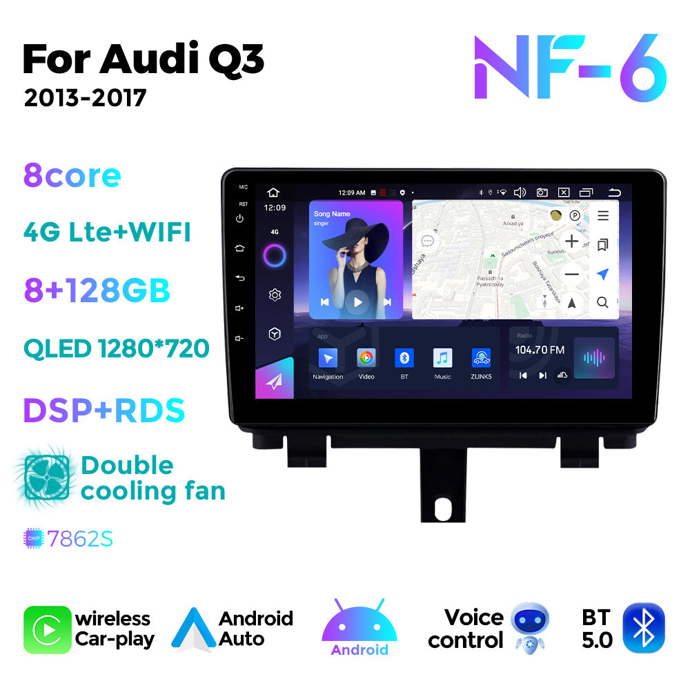 NaviFly NF Series Android 14 8G+256G 2K QLED screen CarPlay Auto DSP RDS 4GLte WIFI For Audi Q3 2013-2017 9inch