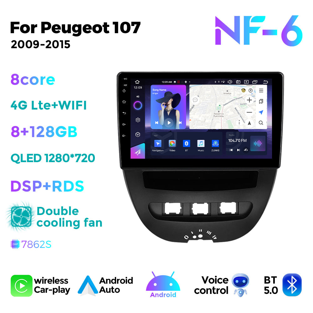 NaviFly NF Series Android 14 8G+256G 2K QLED screen CarPlay Auto DSP RDS 4GLte WIFI For Peugeot 107 2009-2015 10inch