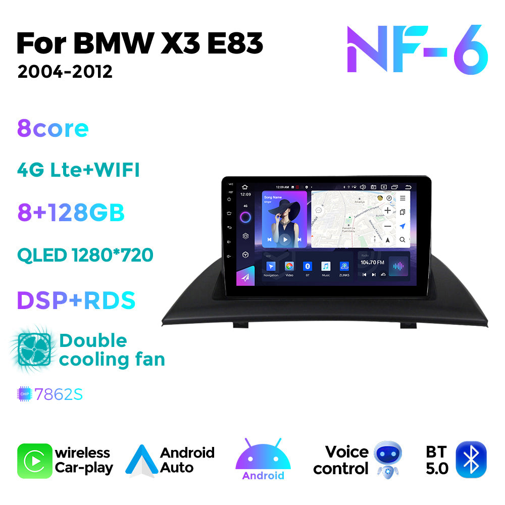 NaviFly NF Series Android 14 8G+256G 2K QLED screen CarPlay Auto DSP RDS 4GLte WIFI For BMW X3 E83 2004-2012 9inch