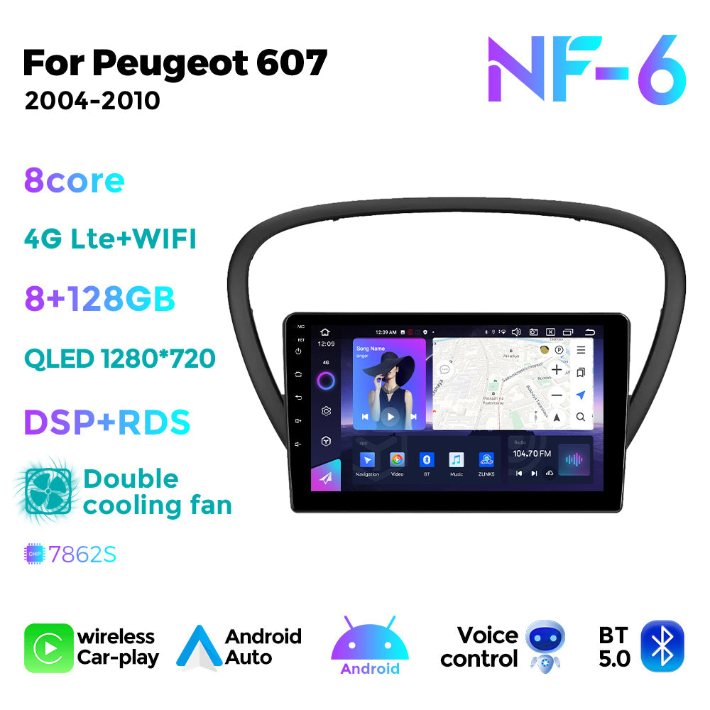 NaviFly NF Series Android 14 8G+256G 2K QLED screen CarPlay Auto DSP RDS 4GLte WIFI For Peugeot 607 2004-2010 9inch
