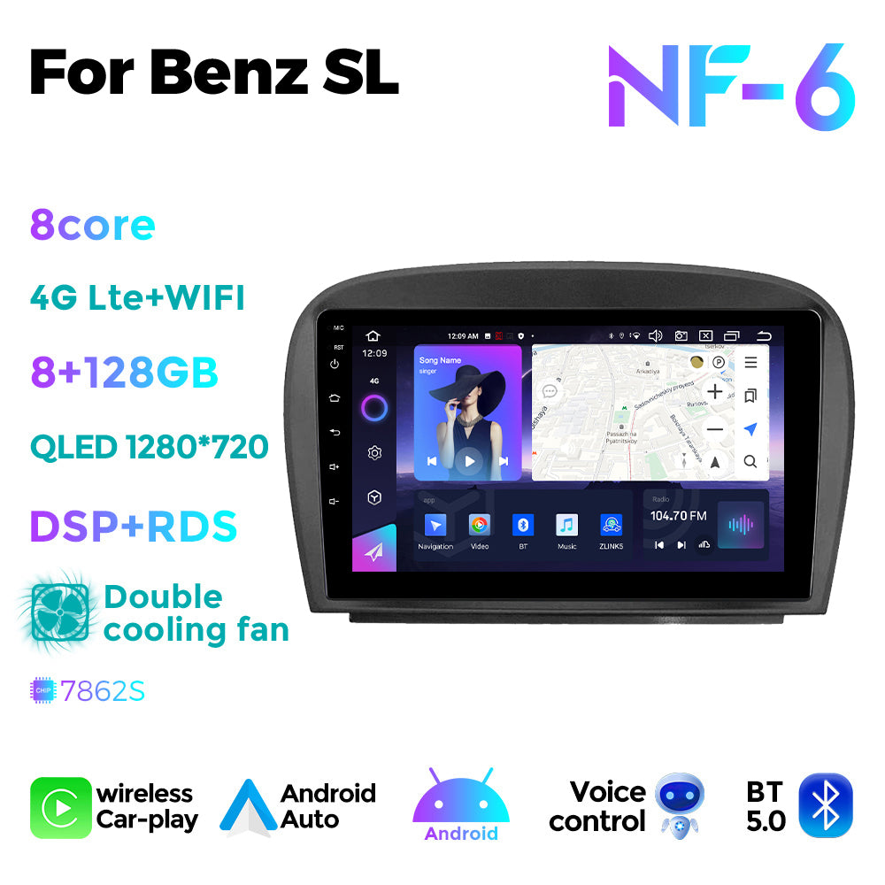 NaviFly NF Series Android 14 8G+256G 2K QLED screen CarPlay Auto DSP RDS 4GLte WIFI For Mercedes Benz SL 2001-2007 9.5Inch