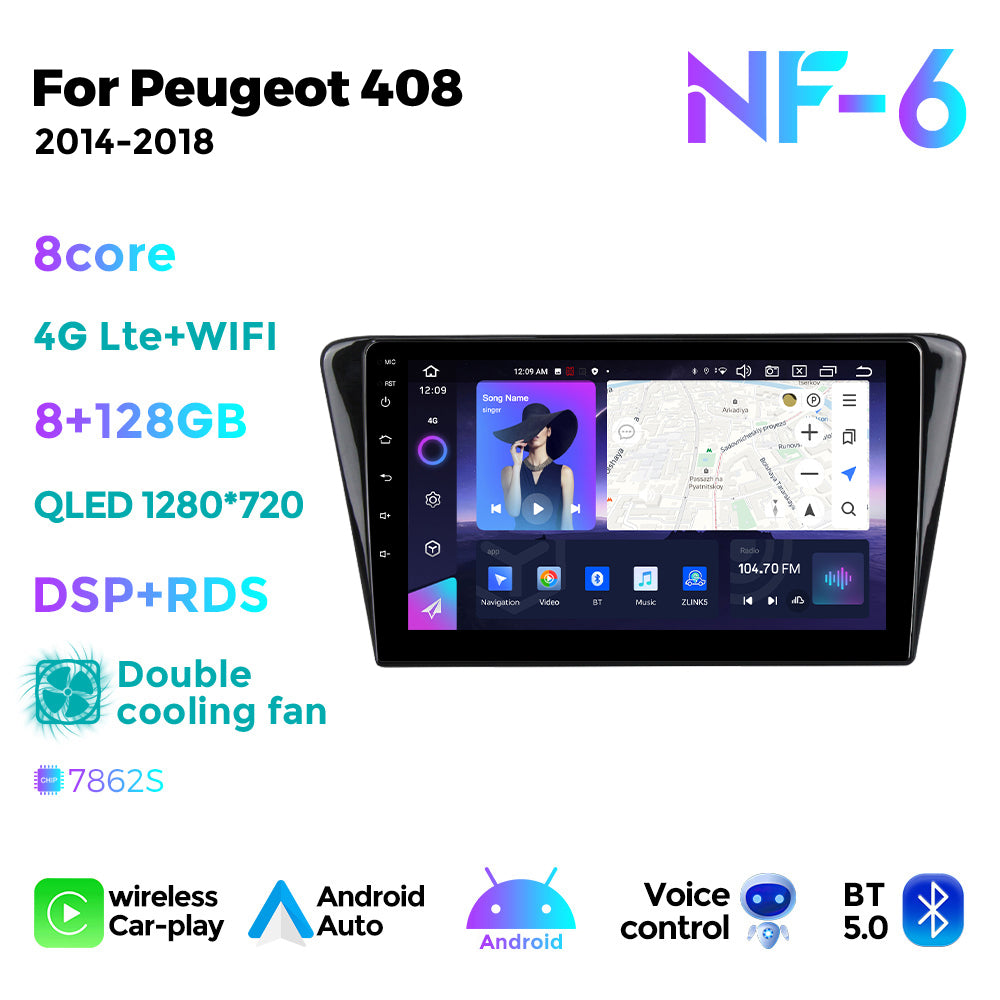 NaviFly NF Series Android 14 8G+256G 2K QLED screen CarPlay Auto DSP RDS 4GLte WIFI For Peugeot 408 2014-2018 10inch